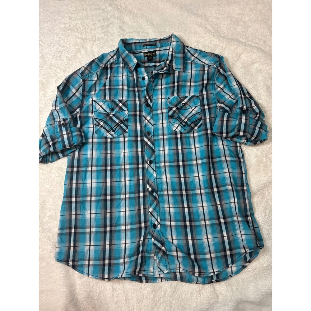 Helix Button Down Shirt Mens XXL Blue Excellent Plaid Roll Tab Athletic Fit